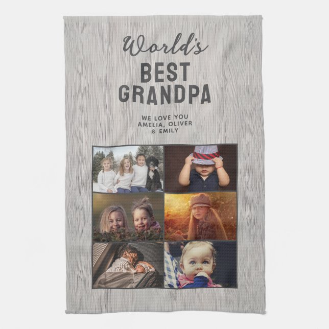 World's Best Grandpa Wood 6 Photo Collage Kitchen Towel (Vertical)