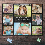 World's Best Grandparents 8 Photo Black Jigsaw Puzzle<br><div class="desc">This eight photo collage jigsaw puzzle will be a fun gift for the world's best grandparents. Personalize with 8 pictures of grandkids,  children,  other family members,  pets,  etc.,  personalize the expression "World's Best Grandparents" if desired and add the grandchildren's names,  all in white typograpahy against a black background.</div>