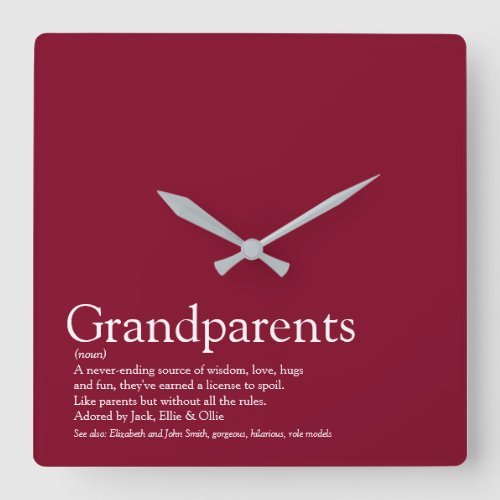 Worlds Best Grandparents Ever Definition Burgundy Square Wall Clock