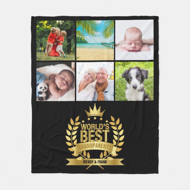 World's Best Grandparents Photo Collage Gold Black Fleece Blanket (Front)