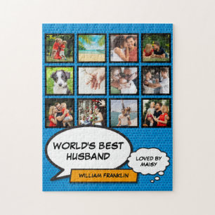 World's Best Husband 12 Photo Blue Fun Comic Jigsaw Puzzle