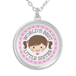 Worlds best little sister cartoon girl brown hair silver plated necklace