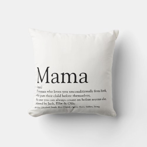Worlds Best Mama Definition Quote Black and White Throw Pillow