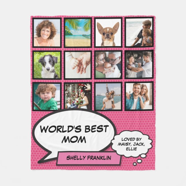 World's Best Mom 12 Photo Collage Pink Fleece Blanket (Front)
