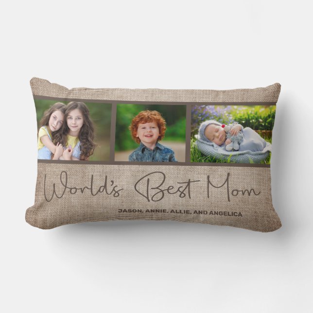 World's Best Mom 3 Photo Family Child Collage Lumbar Pillow (Front)