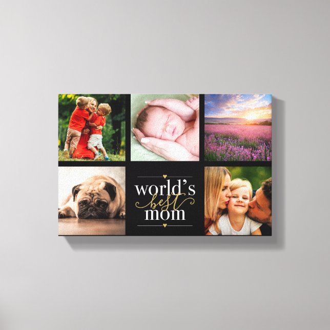 Worlds Best Mom 5 Photo Collage Black And Gold Canvas Print (Front)