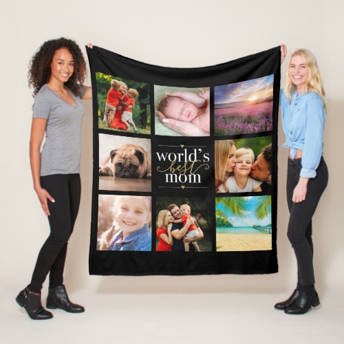 Worlds Best Mom 8 Photo Collage Black And Gold Fleece Blanket