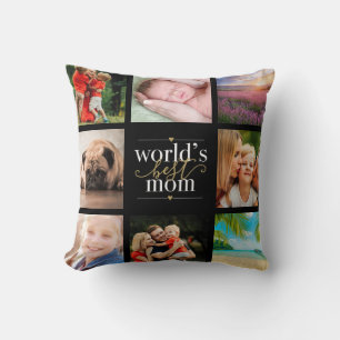 Worlds Best Mom 8 Photo Collage Modern Elegant Throw Pillow
