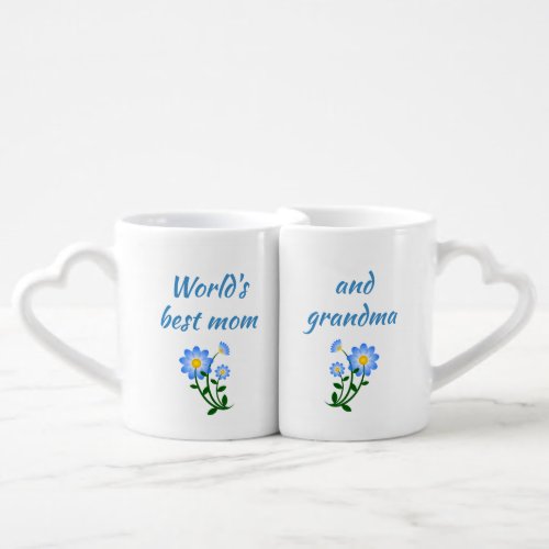 Worlds Best Mom and Grandma Blue Flowers Coffee Mug Set