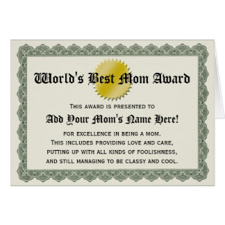 World's Best Mom Award Certificate Card