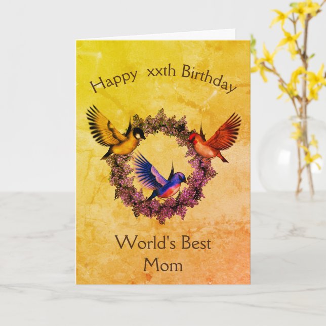 World's Best Mom Birds On Wreath Birthday Card (Yellow Flower)