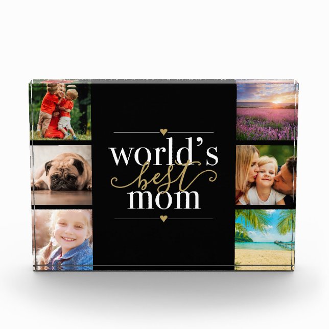 Worlds Best Mom Black and Gold 6 Photo Block (Front)
