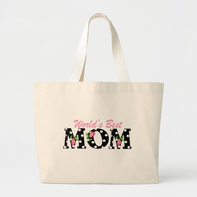 World's Best Mom Black with Pink Tulips Large Tote Bag (Front)