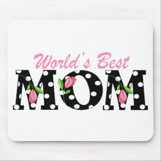 World's Best Mom Black with Pink Tulips Mouse Pad