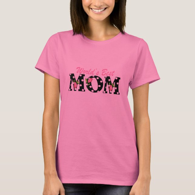 World's Best Mom Black with Pink Tulips T-Shirt (Front)