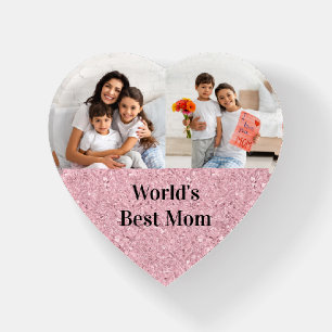 World's Best Mom Blush Pink Gemstone 2 Photo Paperweight