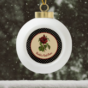 World's Best Mom Burgundy Rose on Black Harlequin Ceramic Ball Christmas Ornament