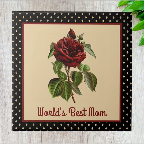Worlds Best Mom Burgundy Rose on Black Harlequin Ceramic Tile