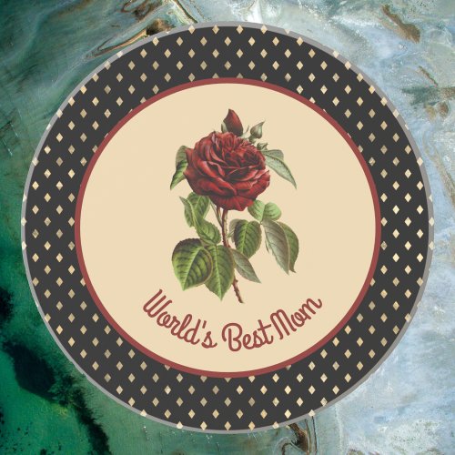 Worlds Best Mom Burgundy Rose on Black Harlequin Coaster