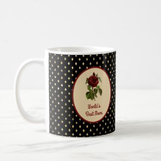 World's Best Mom Burgundy Rose on Black Harlequin Coffee Mug