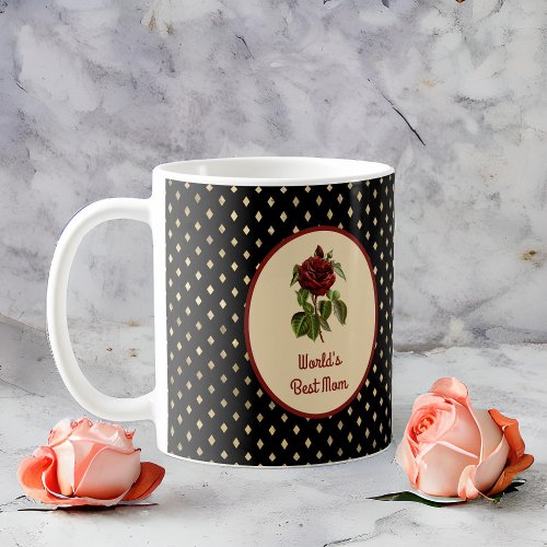 Worlds Best Mom Burgundy Rose on Black Harlequin Coffee Mug