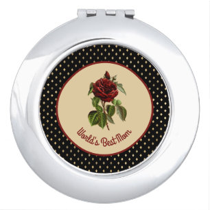 World's Best Mom Burgundy Rose on Black Harlequin Compact Mirror