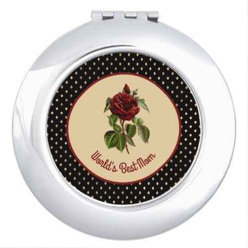 Worlds Best Mom Burgundy Rose on Black Harlequin Compact Mirror