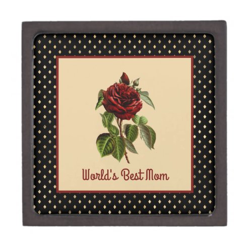 Worlds Best Mom Burgundy Rose on Black Harlequin Gift Box