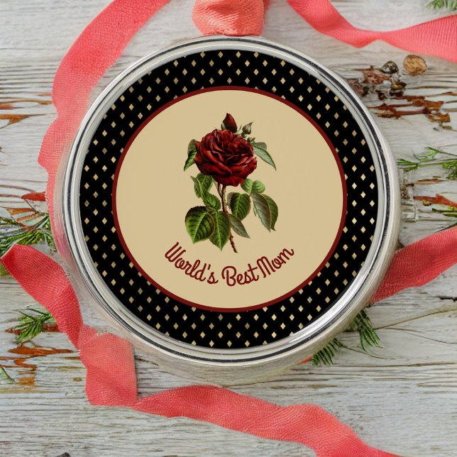 World's Best Mom Burgundy Rose on Black Harlequin Metal Ornament (Creator Uploaded)