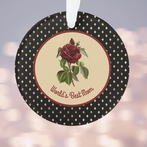 Worlds Best Mom Burgundy Rose on Black Harlequin Ornament