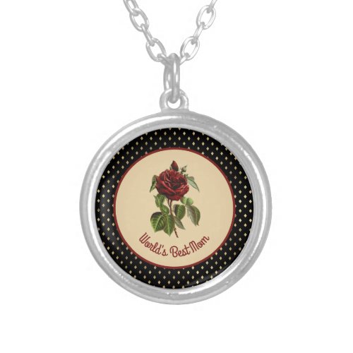 Worlds Best Mom Burgundy Rose on Black Harlequin Silver Plated Necklace