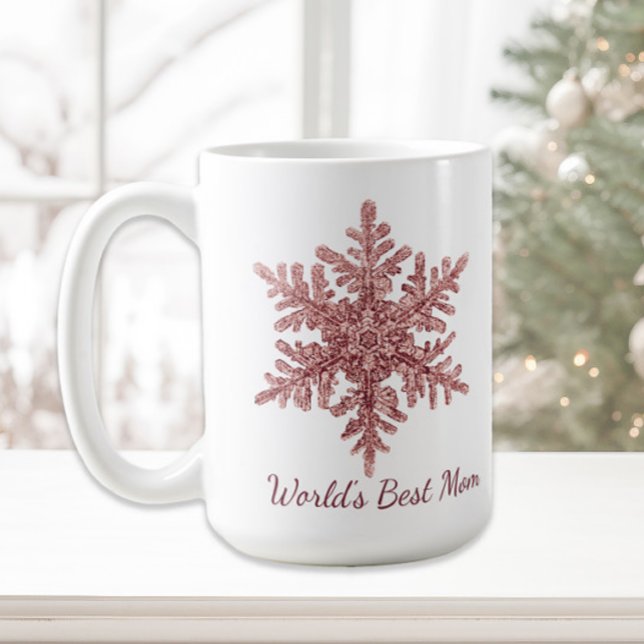 World's Best Mom Burgundy Snowflake Coffee Mug (Rose gold Christmas snowflake "World's Best Mom" coffee/cocoa mug)