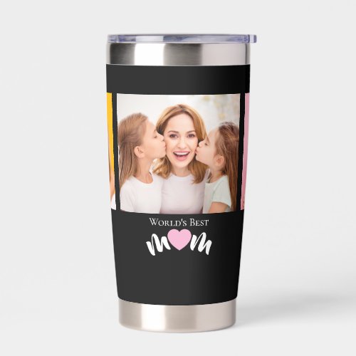 Worlds Best Mom Cute Heart Elegant Black 3 Photo Insulated Tumbler