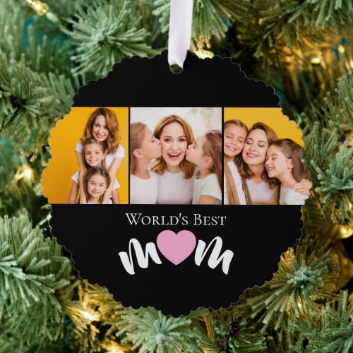 Worlds Best Mom Cute Heart Elegant Black 3 Photo Ornament Card