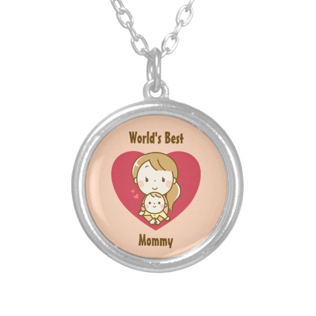 World's Best Mom Cute Mother's Day Kawaii Cartoon Silver Plated Necklace (Front)