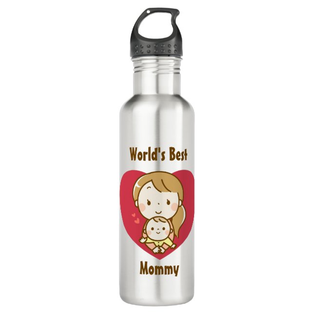 World's Best Mom Cute Mother's Day Kawaii Cartoon Stainless Steel Water Bottle (Front)