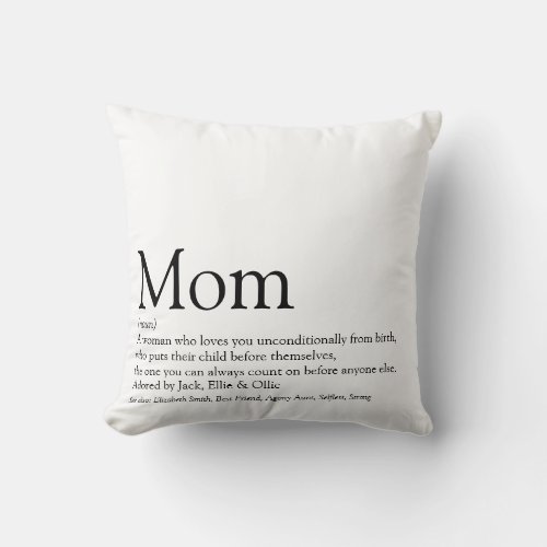 Worlds Best Mom Definition Quote Black and White Throw Pillow
