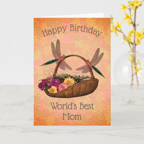 Worlds Best Mom Dragonflies Flowers Birthday Card