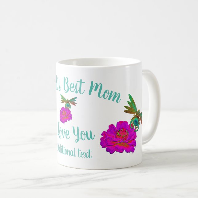 World's Best Mom Dragonfly Zinnia Personalized Coffee Mug (Front Right)