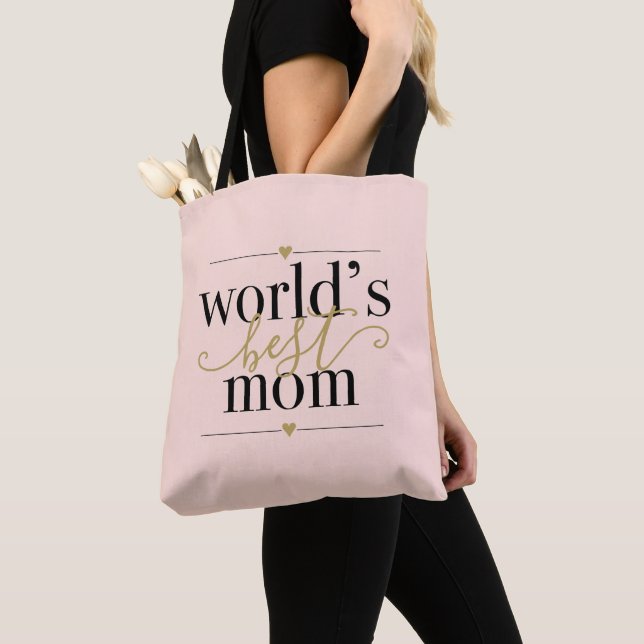 Worlds Best Mom Elegant Blush Pink and Gold Script Tote Bag (Close Up)