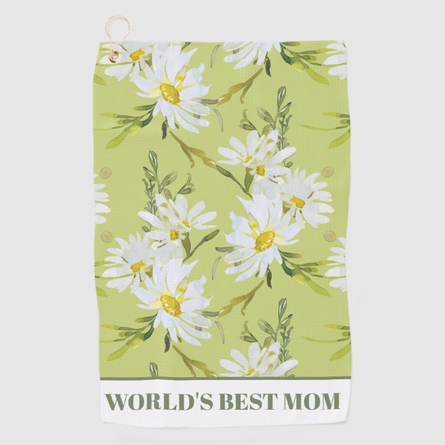 World's Best Mom Floral Botanical Daisy  Golf Towel (Front)