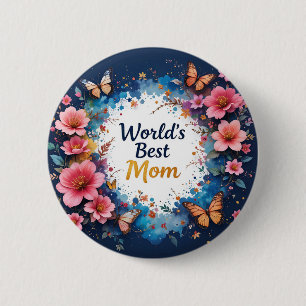 World's Best MOM Flowers Butterfly Button