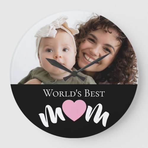 World's Best Mom Heart Photo Script Custom Large Clock