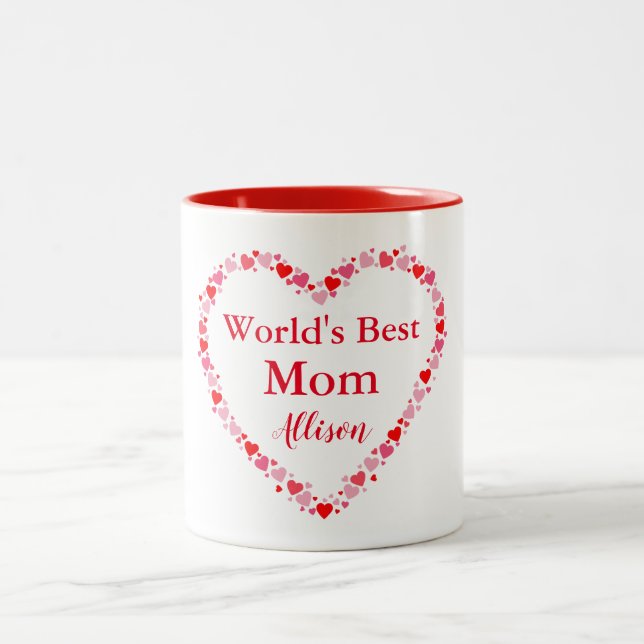 Worlds Best Mom Hearts Two-Tone Coffee Mug (Center)