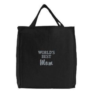 World's Best Mom in Pink on Black Embroidered Tote Bag