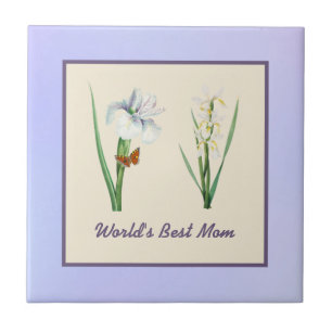 World's Best Mom Irises and Butterfly on Purple Ceramic Tile