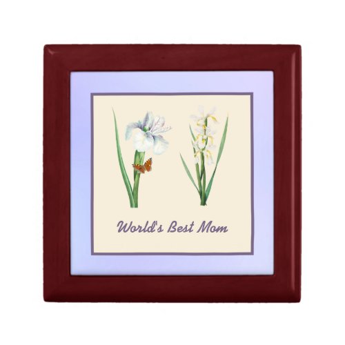 Worlds Best Mom Irises and Butterfly on Purple  Gift Box