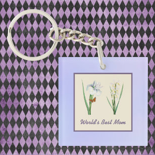 World's Best Mom Irises and Butterfly on Purple Keychain