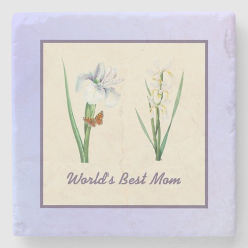 Worlds Best Mom Irises and Butterfly on Purple Stone Coaster