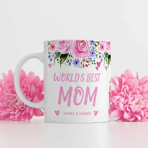 World's Best Mom Kid's Names Watercolor Floral Coffee Mug